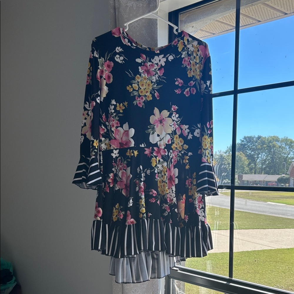 Floral and Striped Long Sleeve Dress
